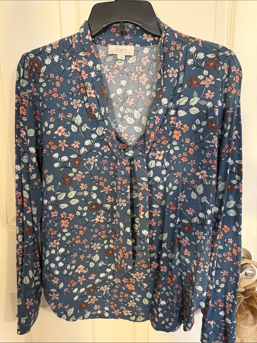 LOFT Blue Floral Tie-Neck Long Sleeve Blouse